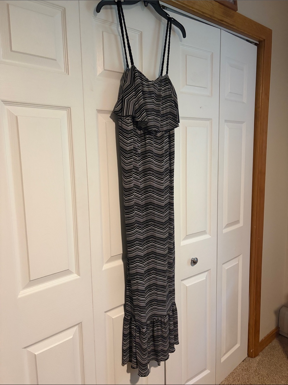 Carole Little Black and White Striped Maxi Dress with Ruffle Hem